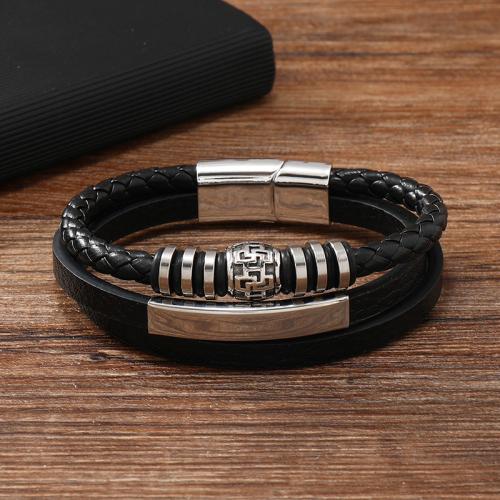 PU Leather Cord Bracelets, Zinc Alloy, with Magnet & PU Leather & 304 Stainless Steel, for man, black 