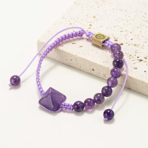 Quarz Armbänder, Amethyst, mit Knotenschnur & Zinklegierung, Pyramide, goldfarben plattiert, Einstellbar & Modeschmuck & unisex, violett, 12mm, verkauft von PC[