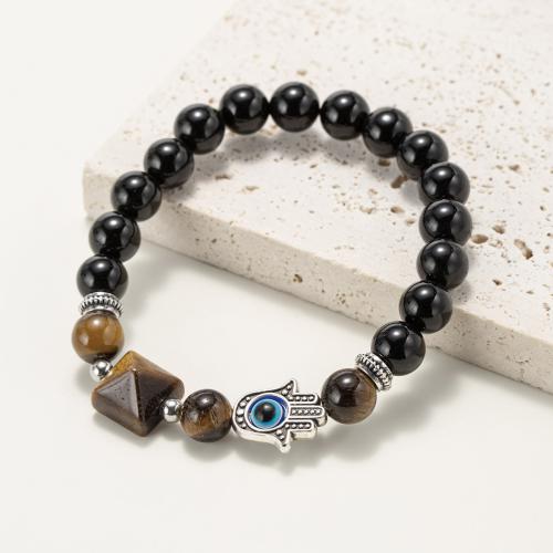 Negro Obsidiana pulsera, con Ojo de tigre & resina & aleación de zinc, Pirámide, chapado en color de plata, Joyería & unisexo, color mixto, Vendido por UD