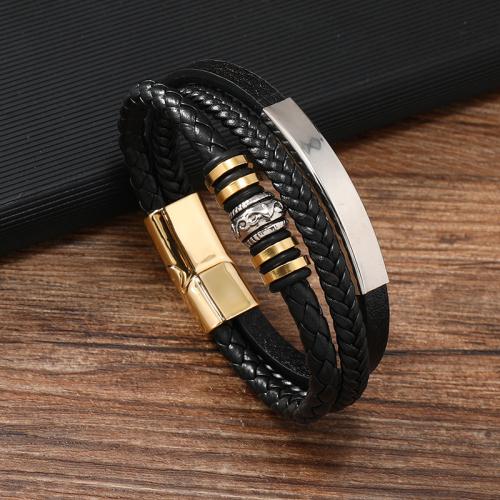 PU Leather Cord Bracelets, Zinc Alloy, with PU Leather & 304 Stainless Steel, for man, black 