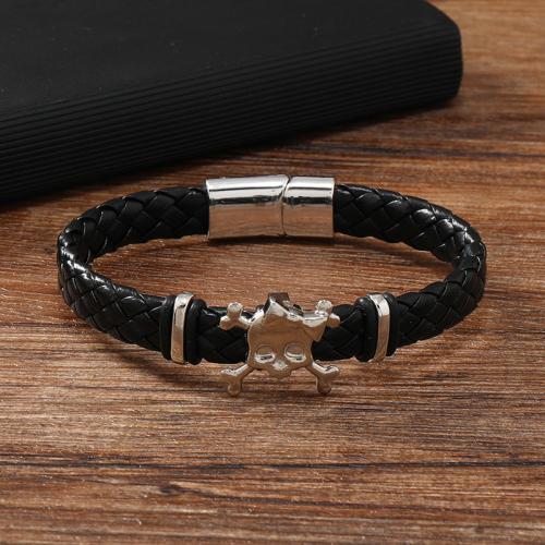 PU Leather Cord Bracelets, Zinc Alloy, with PU Leather & 304 Stainless Steel, plated, for man, black 