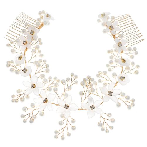 Decorative Hair Combs, Zinc Alloy, with Plastic Pearl, handmade, fashion jewelry & for woman & with rhinestone, golden 