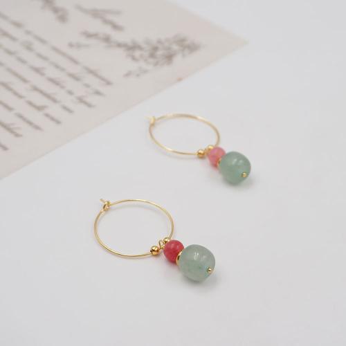 Gemstone Drop Earring, Rhodochrosite, with Titanium Steel & Jade & Brass, plated, fashion jewelry, golden, 50mm 