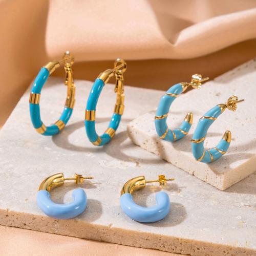 Boucles d'oreilles en acier titane, Placage ionique sous vide, styles différents pour le choix & pour femme & émail, blue ciel, Vendu par paire