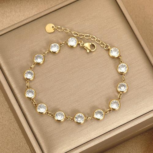 Stainless Steel Charm Bracelet, 304 Stainless Steel, with Plastic Pearl, with 5CM extender chain, plated & micro pave cubic zirconia & for woman & enamel, golden Approx 15 cm [