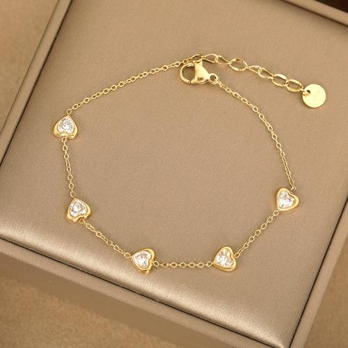 Stainless Steel Charm Bracelet, 304 Stainless Steel, with Gemstone, with 5CM extender chain, plated & micro pave cubic zirconia & for woman & enamel, golden Approx 15 cm [