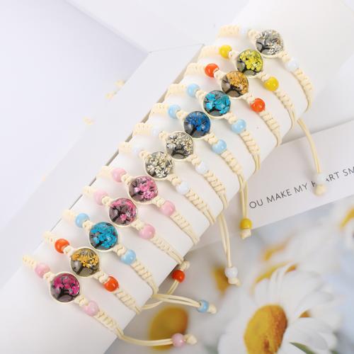 Glass Jewelry Beads Bracelets, with Dried Flower & Porcelain & Wax Cord, handmade, for woman cm 