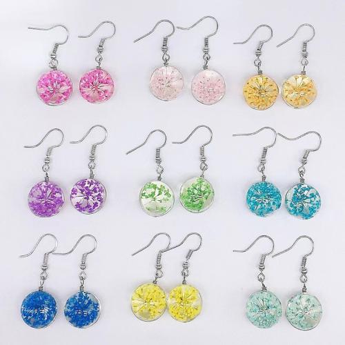 Zinc Alloy Drop Earring, with Dried Flower & Glass, epoxy gel, for woman 15mm 