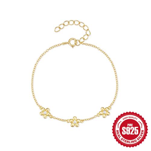 Plata de ley 925 Pulsera, con 1.18inch extender cadena, Flor, chapado en color dorado, micro arcilla de zirconia cúbica & para mujer, longitud:aproximado 6.69 Inch, Vendido por UD