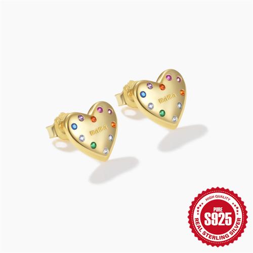 Plata de ley 925 Arito, Corazón, micro arcilla de zirconia cúbica & para mujer, más colores para la opción, 11.5x10mm, Vendido por Par