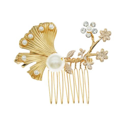 Decorative Hair Combs, Zinc Alloy, with Plastic Pearl, fashion jewelry & for woman & with rhinestone, golden 