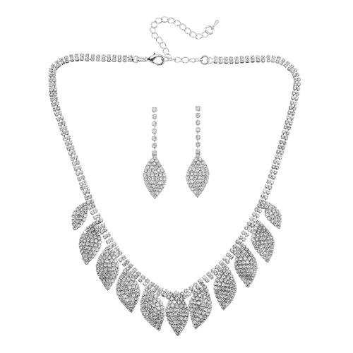 Rhinestone en alliage de zinc bijoux , boucle d'oreille & collier, 2 pièces & pour femme & avec strass, argent, Vendu par fixé