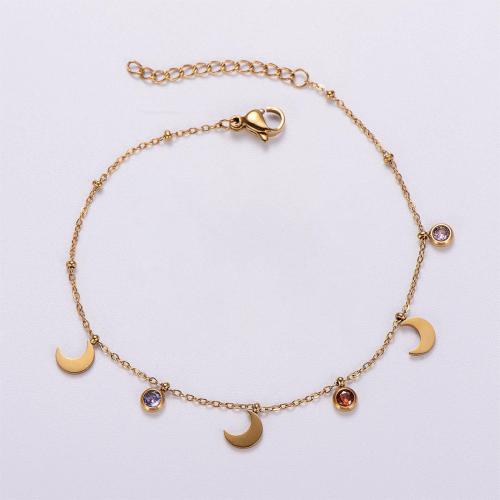 Stainless Steel Charm Bracelet, 316L Stainless Steel, with 3cm extender chain, 18K gold plated & for woman & with rhinestone, golden Approx 18 cm [