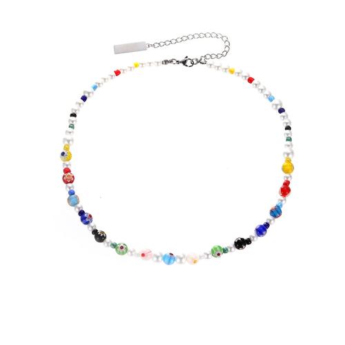 Collier en Murano bijoux, Millefiori Lampwork, avec Des billes de verre & Acier inoxydable 304, avec 8cm chaînes de rallonge, bijoux de mode & unisexe, multicolore cm, Vendu par PC