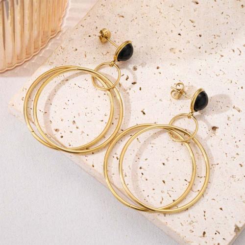 Boucles d'oreilles en acier titane, avec Obsidienne, Placage de couleur d'or, bijoux de mode & modèles différents pour le choix, doré, Vendu par paire