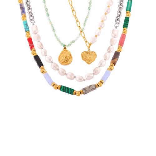 Collier de bijoux de titane, Acier titane, avec Jade & perle d'eau douce cultivée, Placage, bijoux de mode & styles différents pour le choix & pour femme, Vendu par PC