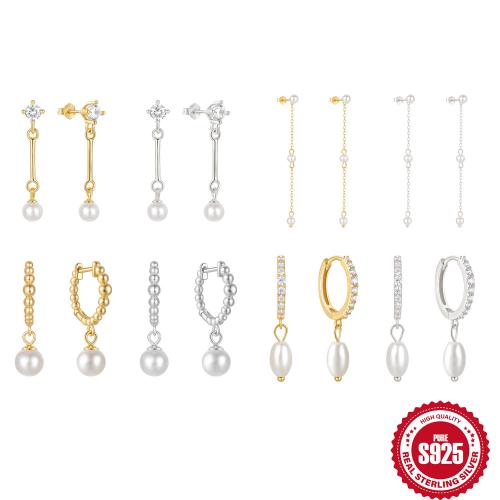 Plata de ley 925 Pendientes con Colgantes, con Perlas plásticas, diferentes estilos para la opción & micro arcilla de zirconia cúbica & para mujer, Vendido por Par