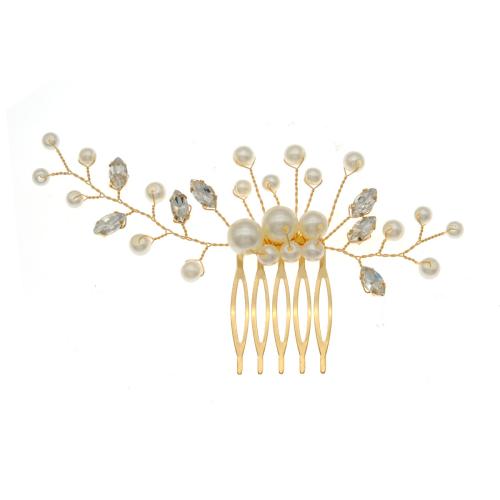 Decorative Hair Combs, Zinc Alloy, with Plastic Pearl, fashion jewelry & for woman & with rhinestone, golden 