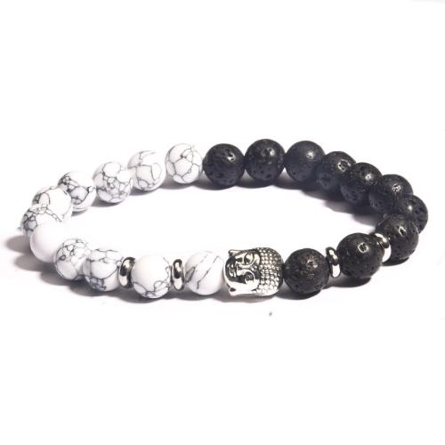 Edelstein Armbänder, Magnesit, mit Lava & Zinklegierung, Buddha, Modeschmuck & unisex, weiß und schwarz, beads:8mm, Länge:ca. 19-19.5 cm, verkauft von PC