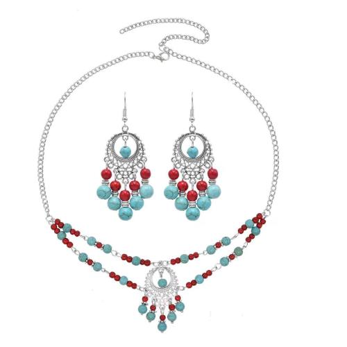 ensembles de bijoux de mode en alliage zinc, alliage de zinc, boucle d'oreille & collier, avec turquoise synthétique, avec 10cm chaînes de rallonge, fait à la main, multifonctionnel & styles différents pour le choix & pour femme, plus de couleurs à choisir cm, Vendu par fixé