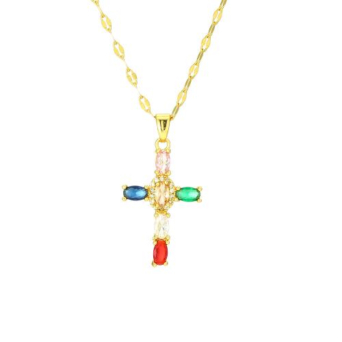 Collier en laiton cubique Zircon Micro Pave, avec Acier inoxydable 304, avec 5CM chaînes de rallonge, croix, Plaqué d'or, pavé de micro zircon & pour femme, plus de couleurs à choisir Environ 45 cm, Vendu par PC