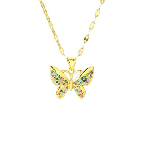 Collier en laiton cubique Zircon Micro Pave, avec Acier inoxydable 304, avec 5CM chaînes de rallonge, papillon, Plaqué d'or, pavé de micro zircon & pour femme, plus de couleurs à choisir Environ 45 cm, Vendu par PC