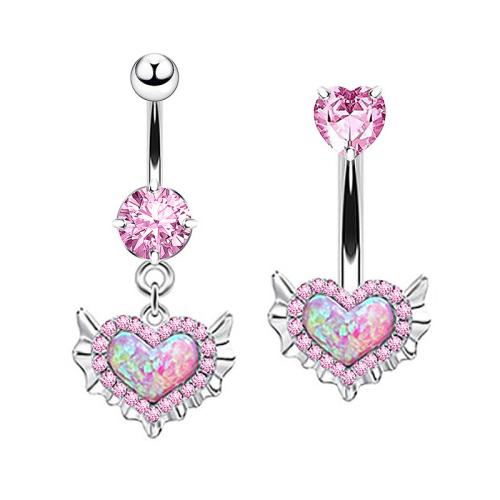 Stainless Steel Belly Ring, 304 Stainless Steel, plated, Unisex & micro pave cubic zirconia, pink 