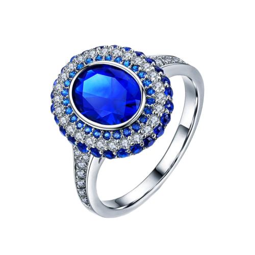 Rhinestone Brass Finger Ring, with Tanzanite, silver color plated, for woman & with rhinestone, blue, inner ~20mm 