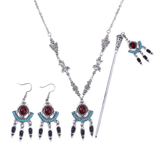 ensembles de bijoux de mode en alliage zinc, alliage de zinc, épingle à cheveux & boucle d'oreille & collier, Placage, trois pièces & styles différents pour le choix & pour femme, couleur originale, Hairpin pole :16cm, necklace :50cm, earrings :5cm., Vendu par fixé