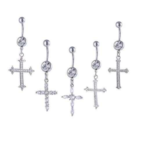 Bagues et accessoires Nombril, laiton, avec Acier inoxydable 316, unisexe & styles différents pour le choix & pavé de micro zircon, argent, 5MM steel ball *1.6*10MM, Vendu par PC