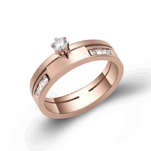 Anillo de dedo de acero Titanium de, Partículas de acero, Recubrimiento iónico al vacío, micro arcilla de zirconia cúbica & para mujer, color de rosa dorada, Vendido por UD