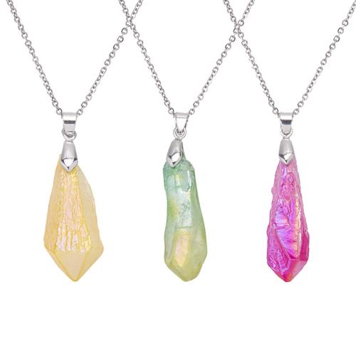 Collier de cristal naturel, quartz clair, avec Acier inoxydable 304, avec 5cm chaînes de rallonge, Irrégulière, bijoux de mode & unisexe, plus de couleurs à choisir Environ 38 cm, Vendu par PC[