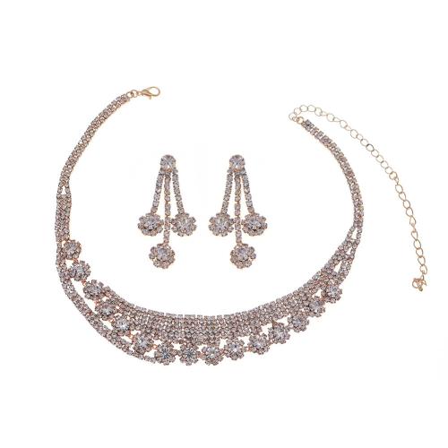 Brass Jewelry Set, earring & necklace, with 16cm extender chain, 2 pieces & for woman & with rhinestone, golden, earring 45mm Approx 33 cm 