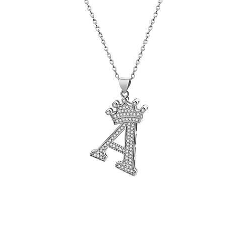 Cubic Zirconia Stainless Steel Necklace, 304 Stainless Steel, with Brass, with 5cm extender chain, Alphabet Letter, silver color plated, fashion jewelry & micro pave cubic zirconia & for woman cm [