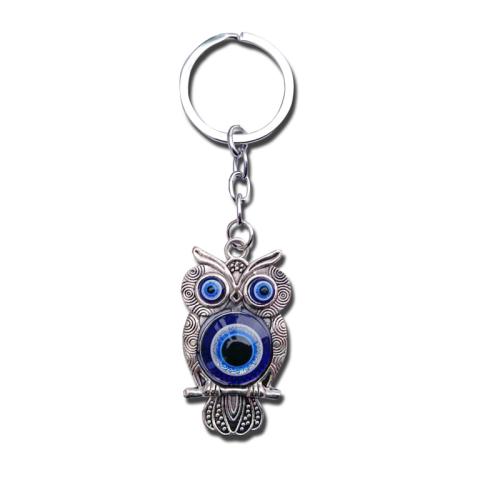 Llavero de murano de ojo malvado, aleación de zinc, con Cristal de murano, Búho, chapado en color de plata, unisexo, azul, 105mm, Vendido por UD[