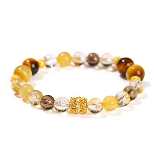 perles de citrine bracelet, avec oeil de tigre & laiton, Rond, fait à la main, bijoux de mode & unisexe Environ 7-8 pouce, Vendu par PC[