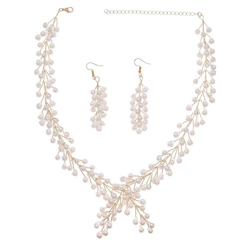 Brass Jewelry Set, earring & necklace, with Crystal & Plastic Pearl, 2 pieces & fashion jewelry & for woman 