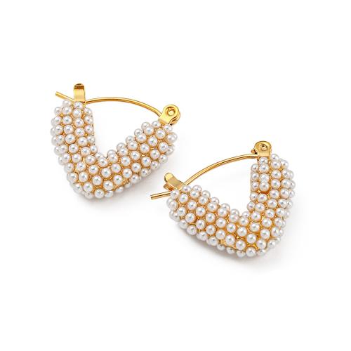 Boucle d'oreille en acier inoxydable Dangle, Acier inoxydable 304, avec perle de plastique, Plaqué or 18K, bijoux de mode & pour femme, doré Vendu par paire