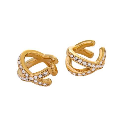 Stainless Steel Clip Earrings, 304 Stainless Steel, 18K gold plated, fashion jewelry & for woman & with rhinestone, golden [