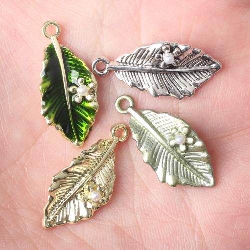 Zinc Alloy Enamel Pendants, with ABS Plastic Pearl, Leaf, plated, DIY 