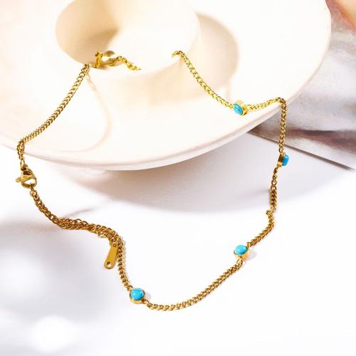 Collier de bijoux de titane, Acier titane, avec turquoise, avec 6cm chaînes de rallonge, Placage ionique sous vide, pour femme, doré cm, Vendu par PC