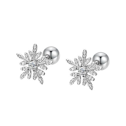 925 Sterling Silver Stud Earring, Snowflake, platinum plated, for woman & with rhinestone [