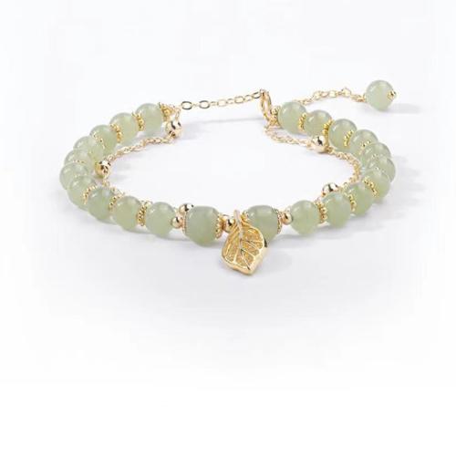 metal Pulsera, con Hetian Jade, Hoja, chapado en color dorado, Doble capa & para mujer & con diamantes de imitación, longitud:aproximado 6-8 Inch, Vendido por UD