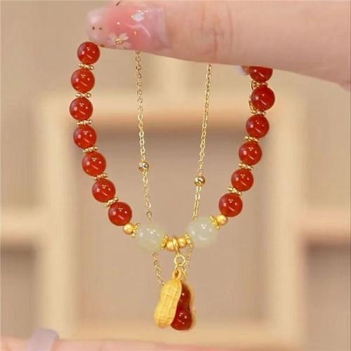 Hetian Jade Pulsera, con Ágata roja & aleación de zinc, con 2inch extender cadena, Maní, chapado en color dorado, diferentes estilos para la opción & para mujer, longitud:aproximado 6.7 Inch, Vendido por UD[