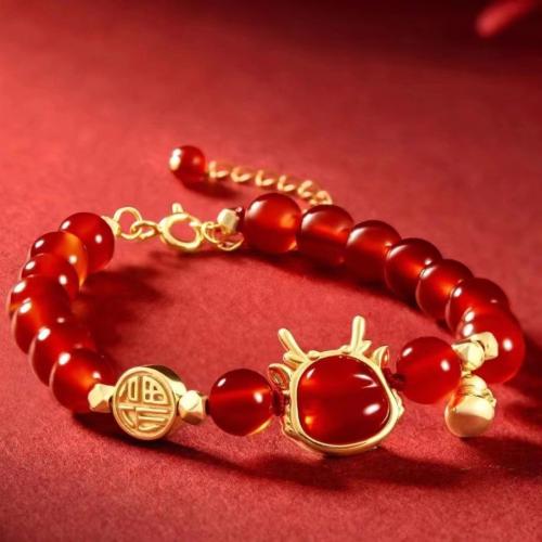 Ágata roja Pulsera, con aleación de zinc, Dragón, chapado en color dorado, Joyería & para mujer, longitud:aproximado 6-8 Inch, Vendido por UD[