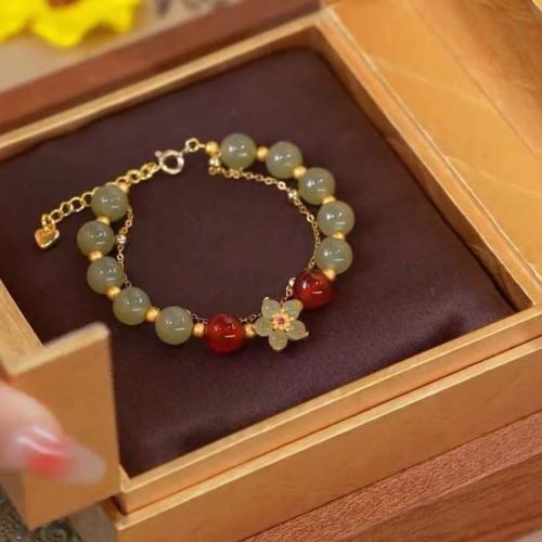 Hetian Jade bracelet, avec agate rouge & alliage de zinc, fleur, styles différents pour le choix & pour femme Environ 6-8 pouce, Vendu par PC[