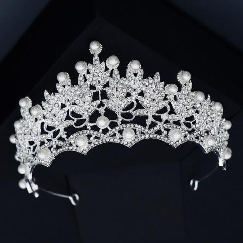 Couronne impériale de mariée, alliage de zinc, avec perle de plastique, bijoux de mode & pour femme & avec strass, argent, Vendu par PC[