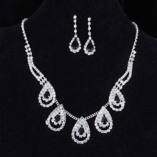 Rhinestone Zinc Alloy Jewelry Set, earring & necklace, with 22.5cm extender chain, 2 pieces & for woman & with rhinestone earring 35*12mm Approx 33.5 cm [