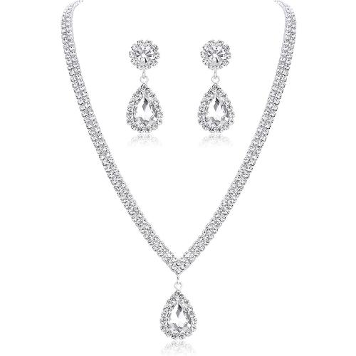 Rhinestone Zinc Alloy Jewelry Set, earring & necklace, with 18cm extender chain, 2 pieces & fashion jewelry & for woman, earring 34*13mm, pendant 27*13mm Approx 27.3 cm [