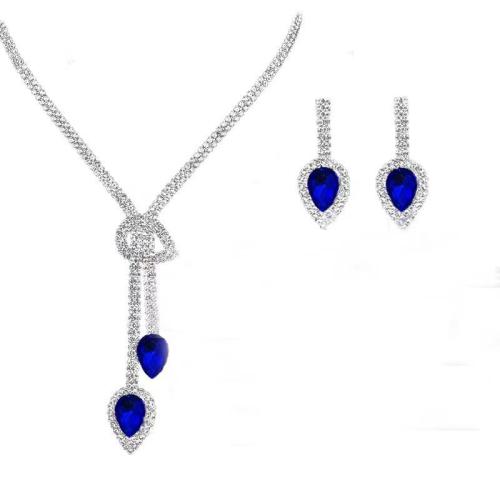 Rhinestone Zinc Alloy Jewelry Set, earring & necklace, with 18cm extender chain, 2 pieces & fashion jewelry & for woman earring 44*17mm, pendant 8*17mm Approx 33 cm [